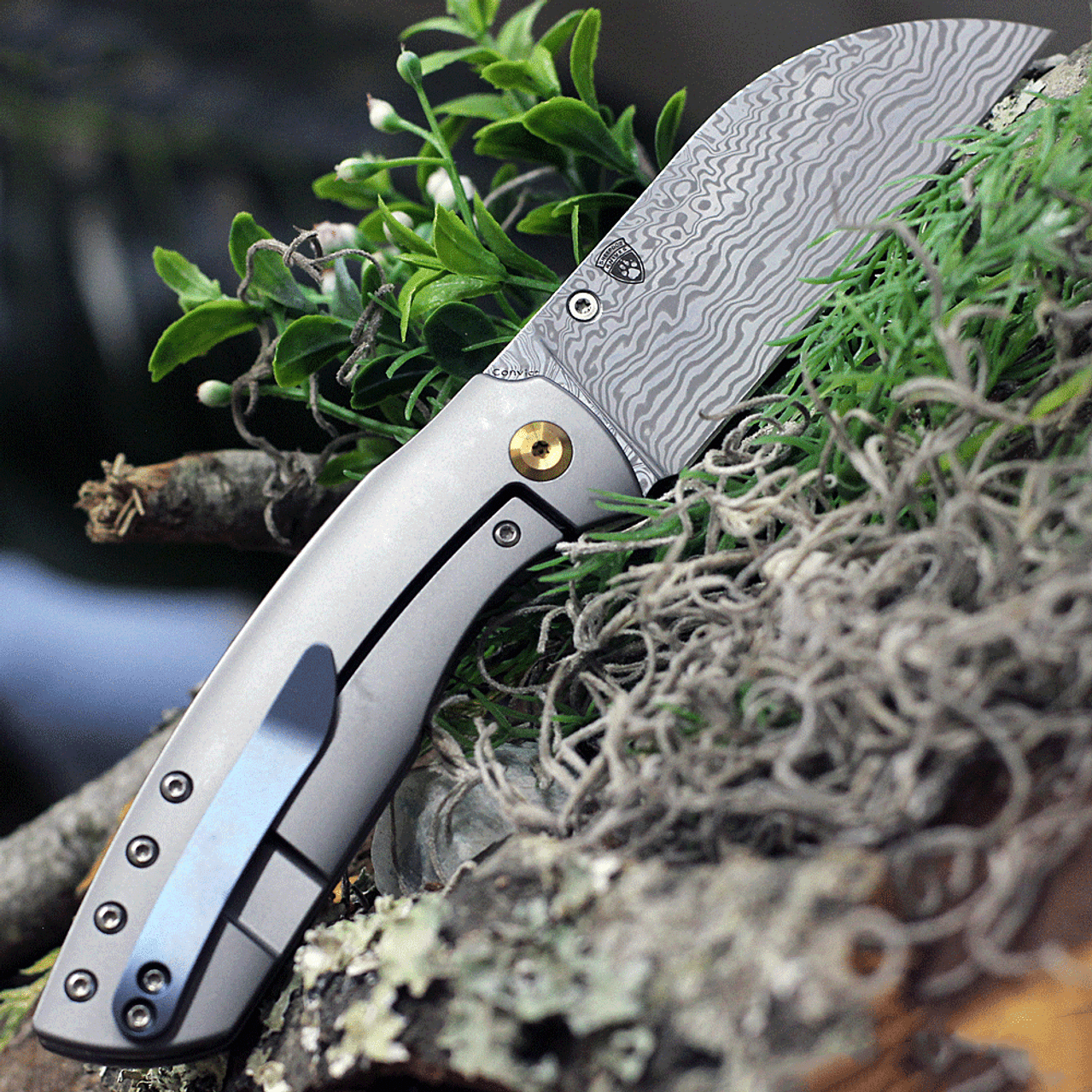 Kansept Knives Convict K1023D1, 3.3"  Damascus Steel Sheepfoot Blade, Gray Titanium Handle
