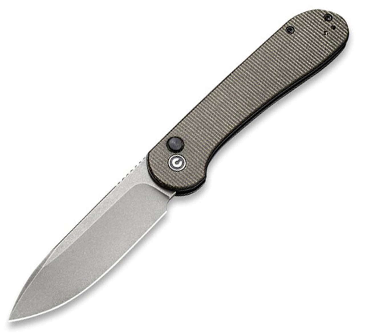 CIVIVI Button Lock Elementum Folding Knife (C2103C)- 3.47" Stonewashed 14C28N Drop Point Blade, Dark Green Micarta Handles