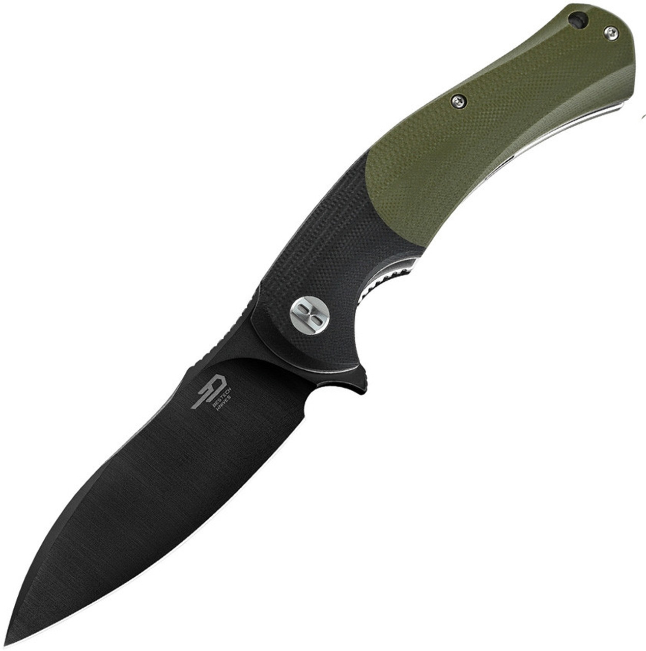 Bestech Knives Penguin Flipper Knife BG32E, 3.6" D2 Black Plain Blade, Black & Green G-10 Handle