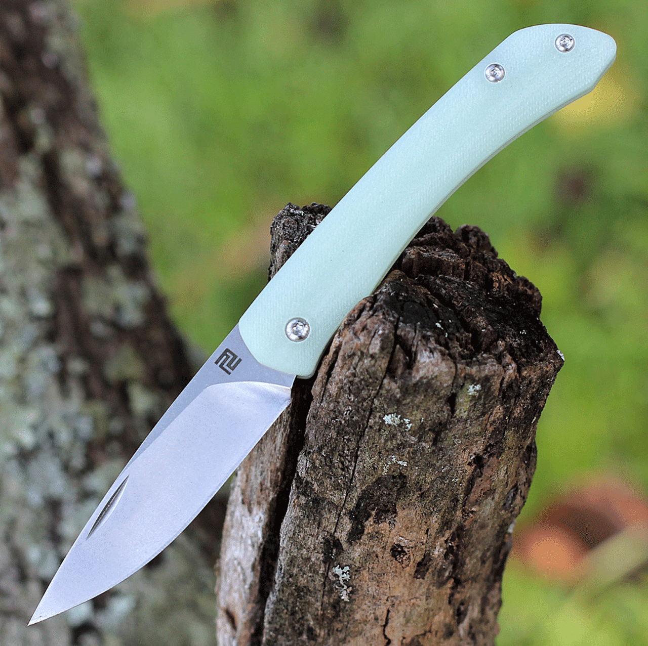 Artisan Cutlery Biome ATZ-1840P-NTG, 2.8" Sandvik 12C27 StonewashedPlain Blade, Natural Translucent Green G-10 Handle