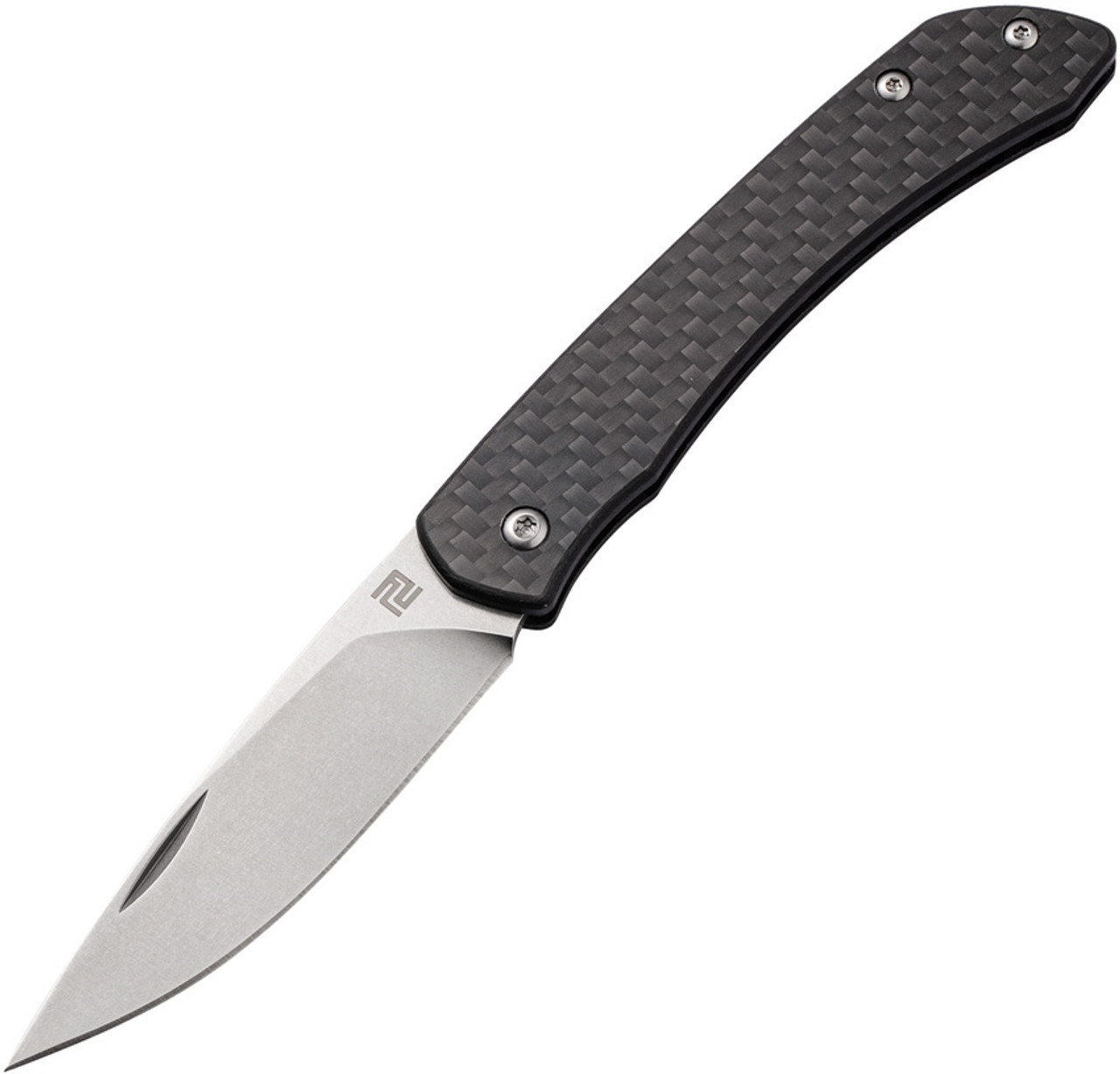 Artisan Cutlery Biome ATZ-1840P-CF, 2.8" Sandvik 12C27 Stonewashed Plain Blade, Black Carbon Fiber Handle