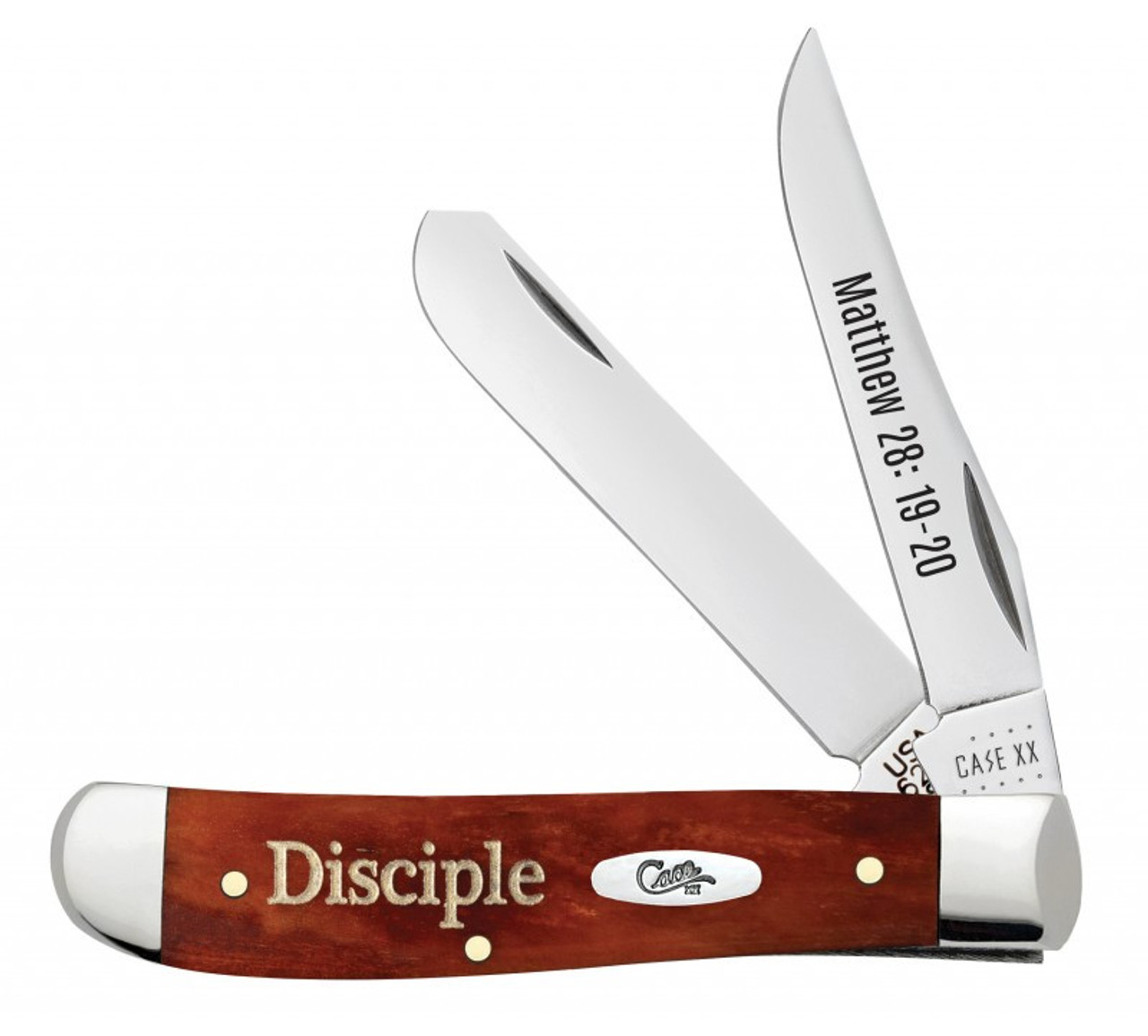 Case Mini Trapper Religious Sayings - Matthew 28:19-20 - Embellished Smooth Chestnut Bone Handle (6207 SS)