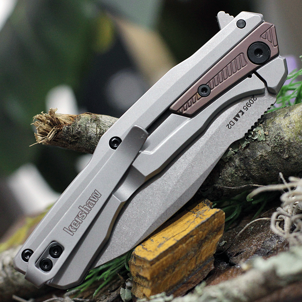 Kershaw Endgame 2095, 3.25" Stonewashed D2 Drop Point Blade, Stainless Steel w/GFN Insert Handles