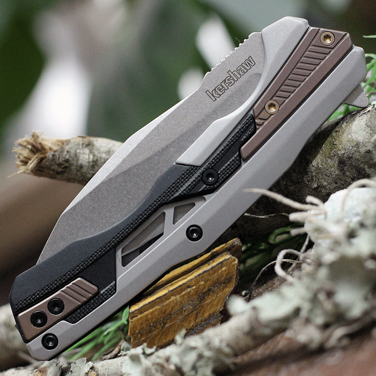 Kershaw Endgame 2095, 3.25" Stonewashed D2 Drop Point Blade, Stainless Steel w/GFN Insert Handles