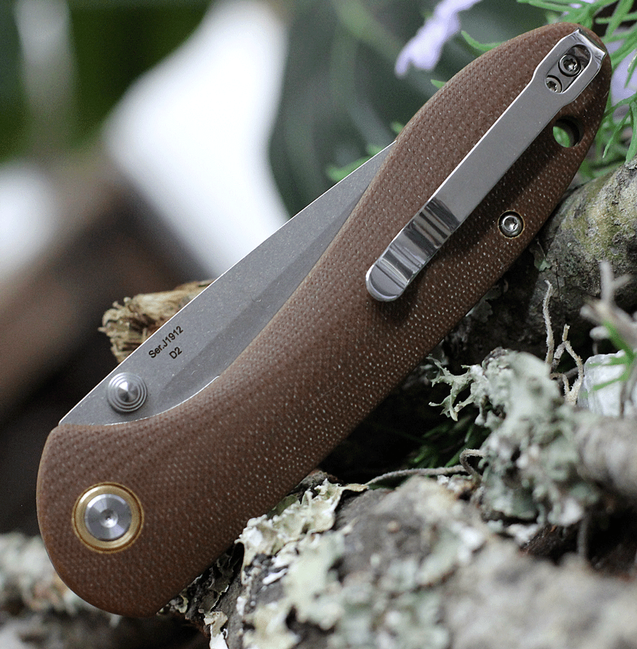 CJRB Cutlery Feldspar J1912-BNC, 3.53" D2 Steel Stonewashed Plain Blade, Contoured Brown G-10 Handle