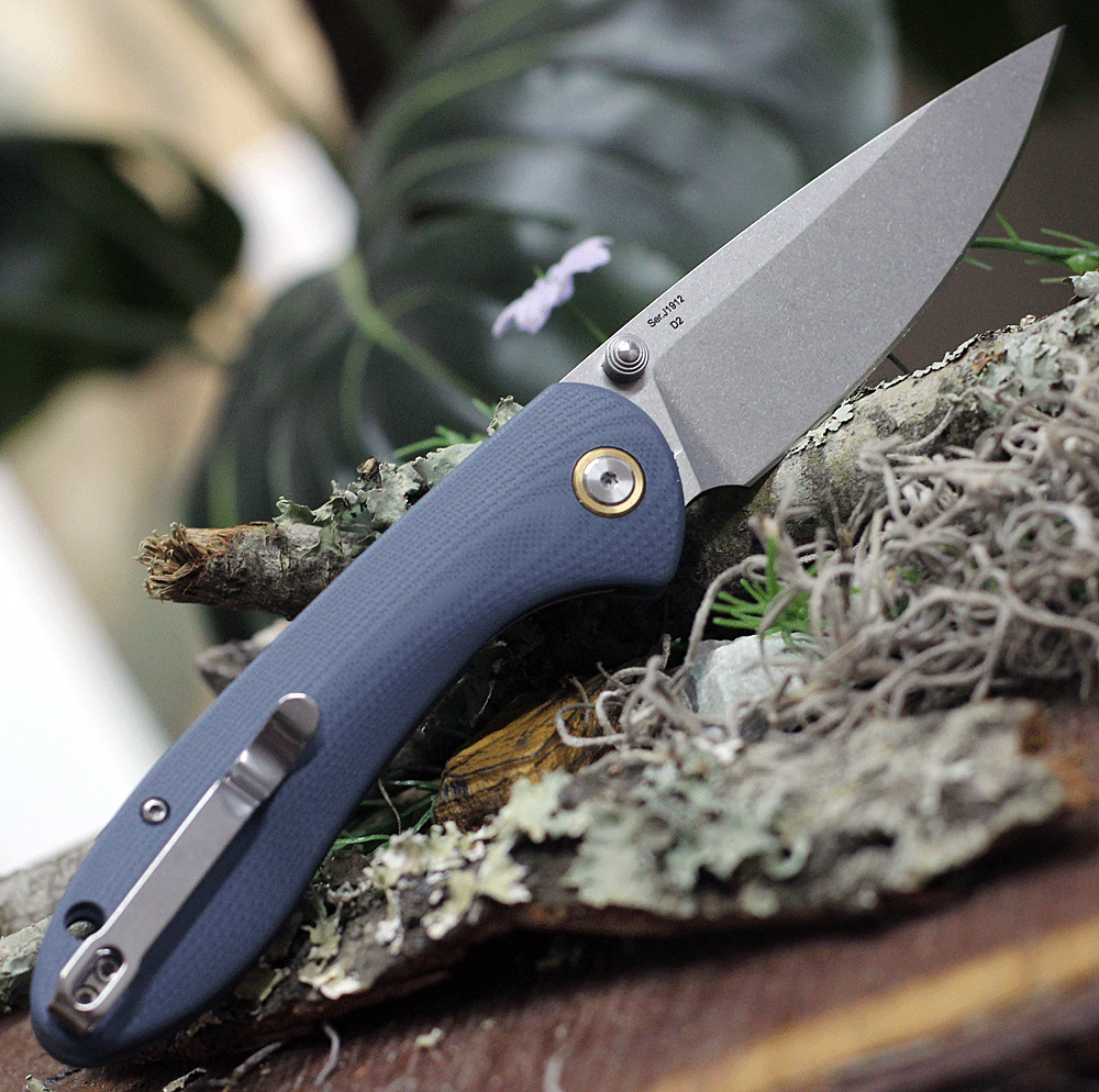 CJRB Cutlery Feldspar J1912-GYC, 3.53" D2 Steel Stonewashed Plain Blade, Contoured Blue-Gray G-10 Handle