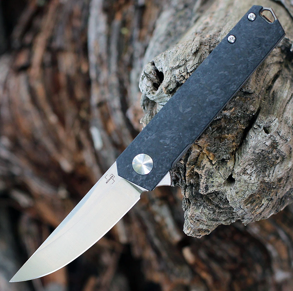 Boker Plus Kwaiken Compact 01BO231 folding knife profile view showing satin D2 blade and marble carbon fiber handle.