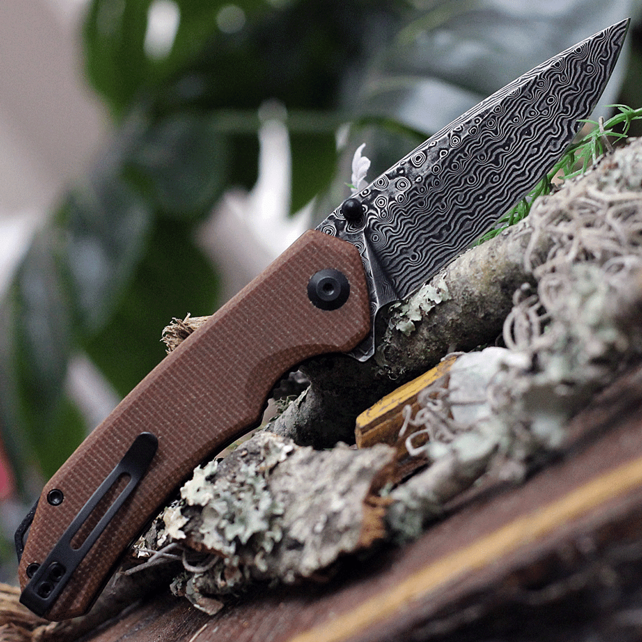 CIVIVI Brazen Flipper (C2102DS-1)-3.46" Damascus Drop Point Blade, Brown Micarta Handle