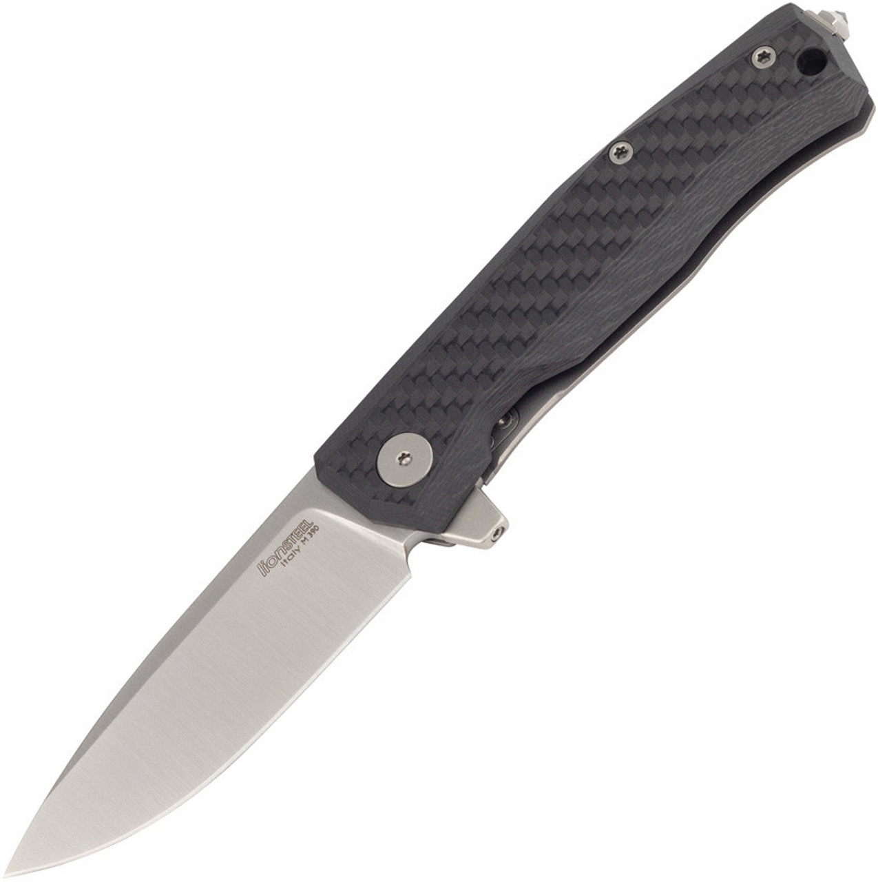 LionSteel Myto Framelock Knife MT01CF, 3.2" Bohler M390 Satin Plain Blade, Black Carbon Fiber Titanium Handle