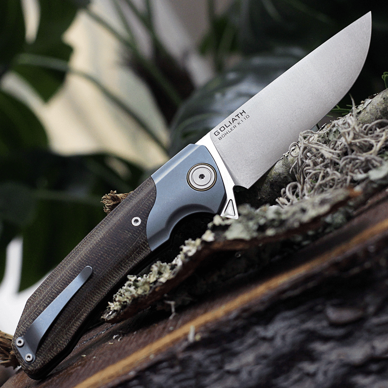 Maxace Knives Goliath 2.0 MGL202, 4.33" Bohler K110 Satin Plain Blade, Micarta w/Blue Stonewashed Handle