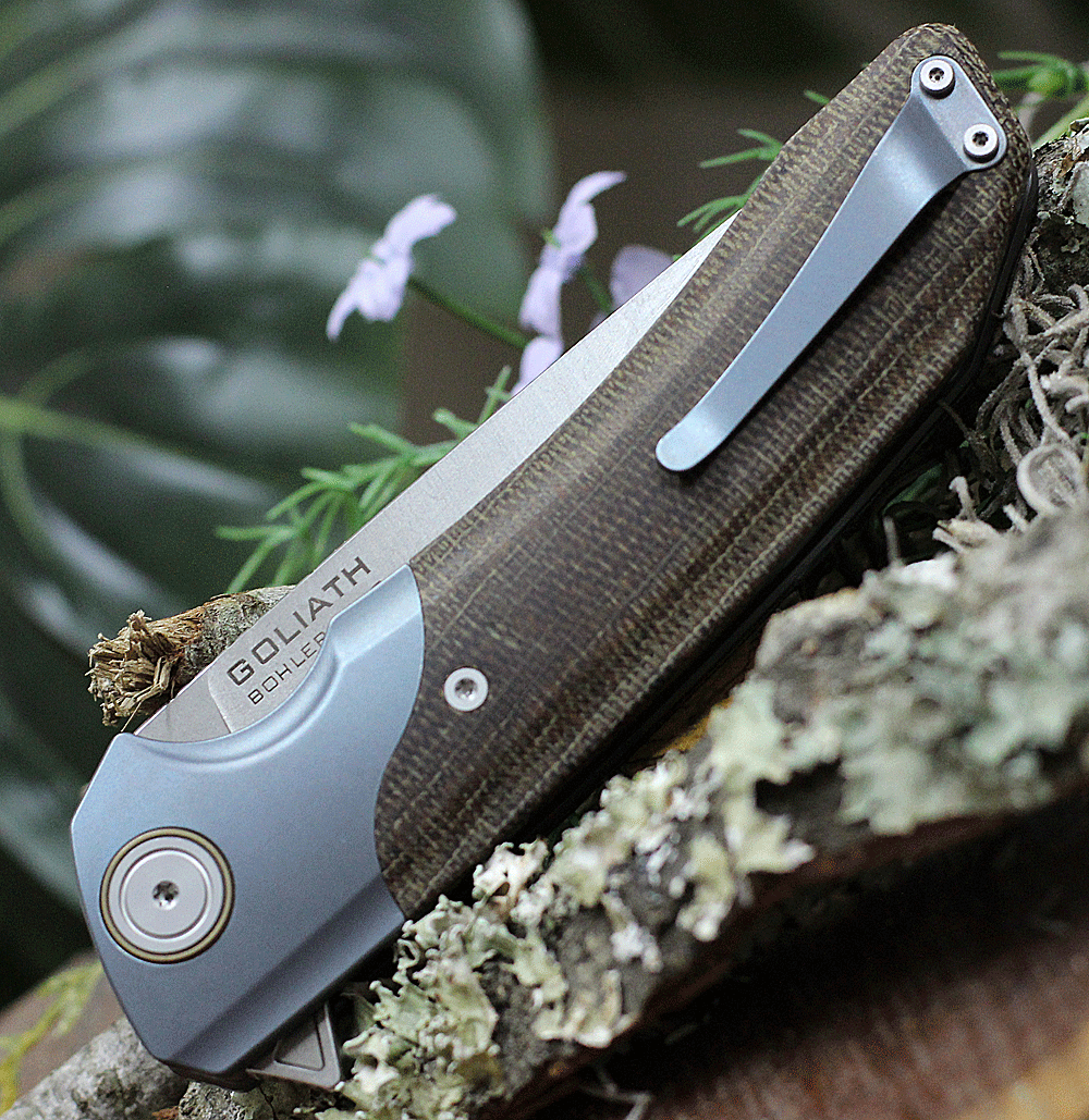 Maxace Knives Goliath 2.0 MGL202, 4.33" Bohler K110 Satin Plain Blade, Micarta w/Blue Stonewashed Handle