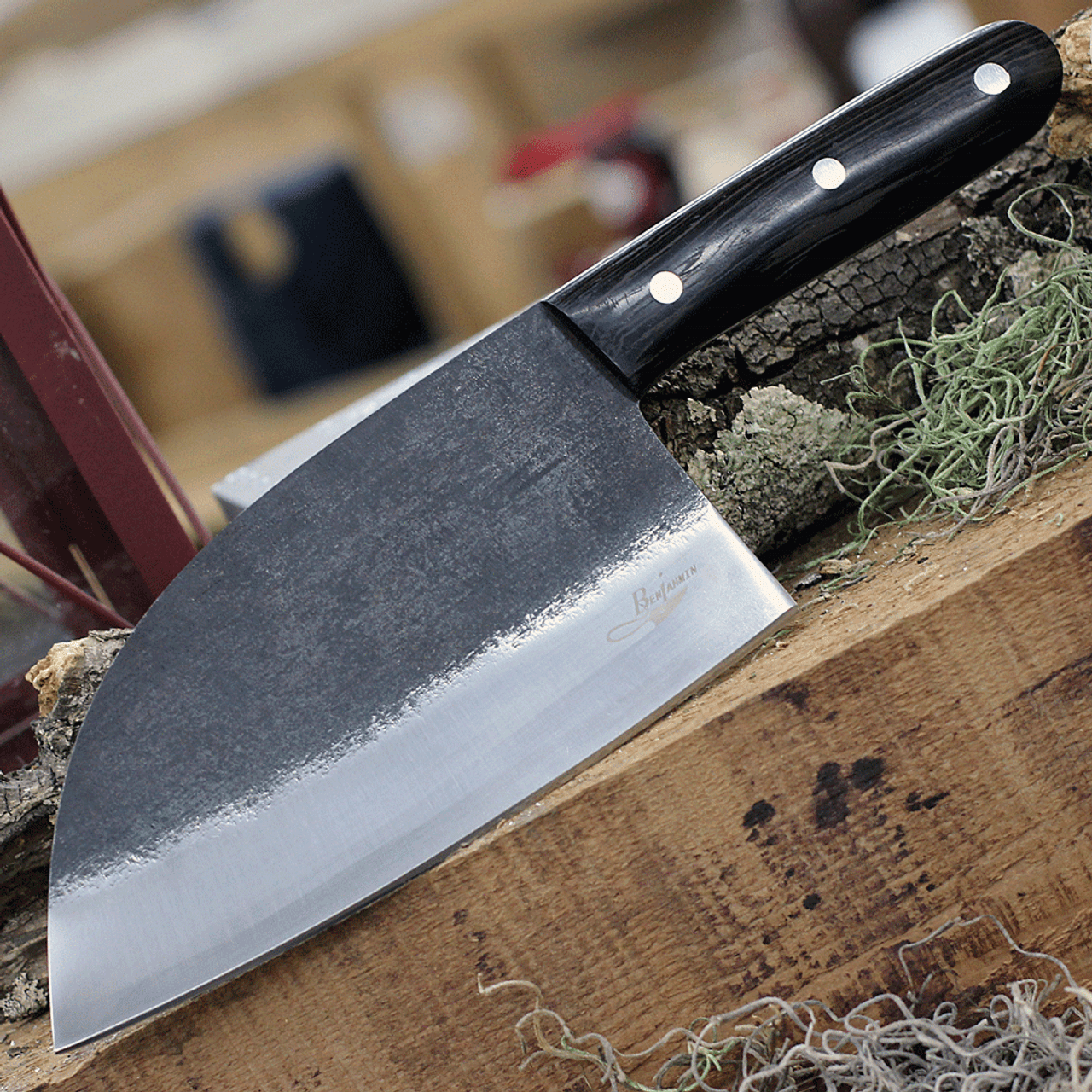 BenJahmin Knives Camp Cleaver BKA007, 7.2" 440 Stainless Steel Blade, Wenge Wood Handle w/ Brown Leather Sheath