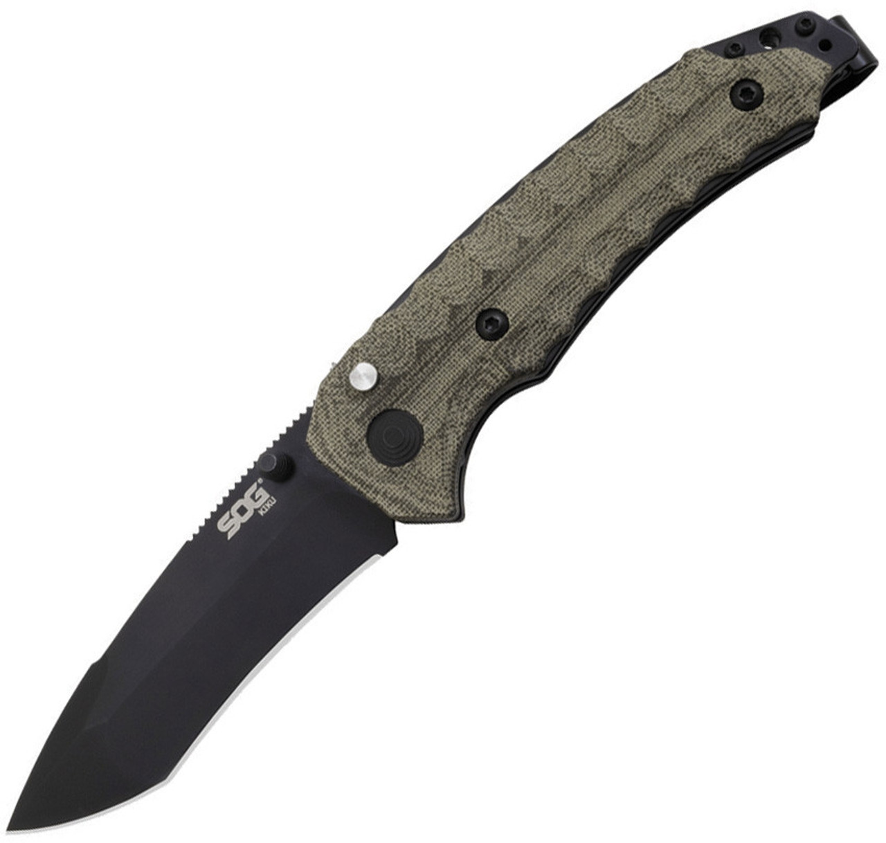 SOG Kiku Assisted Folding Knife SOG3004, 3.5" CPM-S35 TiNi Plain Blade, Green Linen Micarta Handle