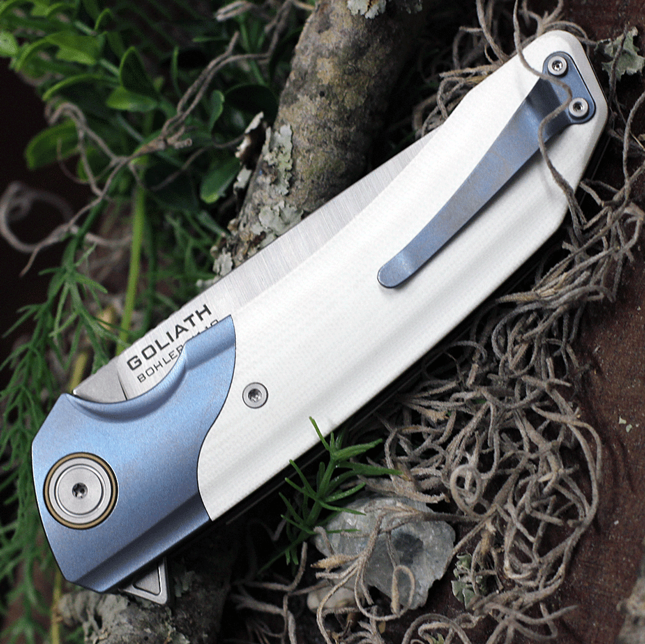 Maxace Knives Goliath 2.0 MGL204, 4.33" Bohler K110 Satin Plain Blade, White G-10 Handle w/Blue Bolster