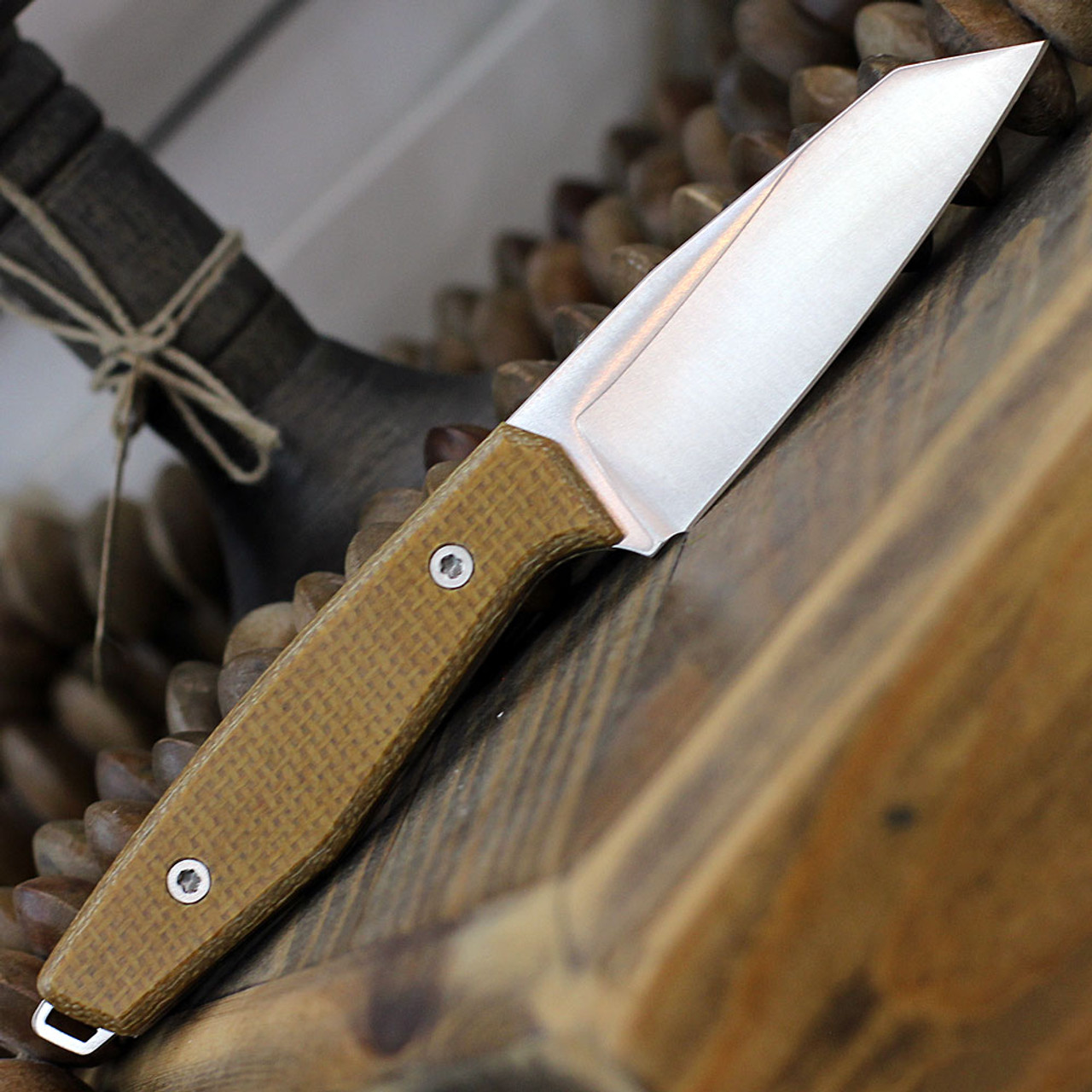 Boker AK1 Fixed Blade 123502, 3" RWL-34 Satin Reverse Tanto Blade, Mustard Burlap Micarta Handle, Black Leather Sheath