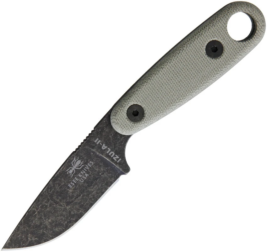 The ESEE Izula II (IZULA-II-BO) shown with its 2.63-inch 1095 plain edge drop point blade in a Black Oxide finish and flat grind, tan Micarta handle scales, and its injection-molded black polymer sheath.