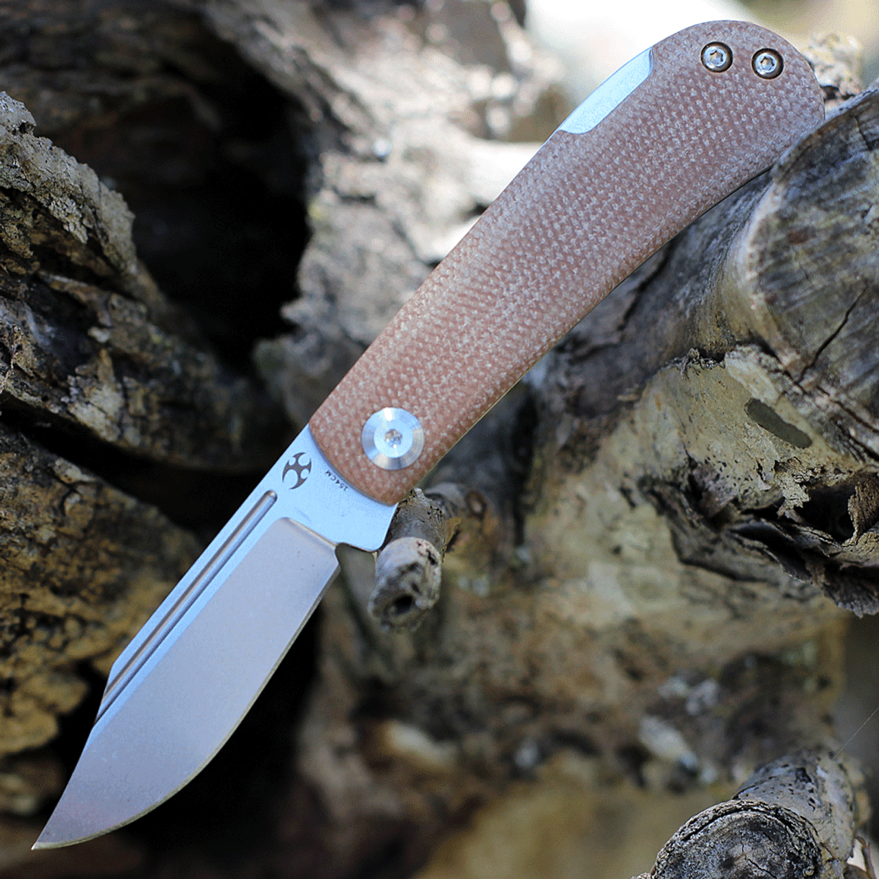 Kansept Knives Wedge (KT2026B3) 2.25" 154CM Stonewashed Clip Point Plain Blade, Brown Micarta Handle