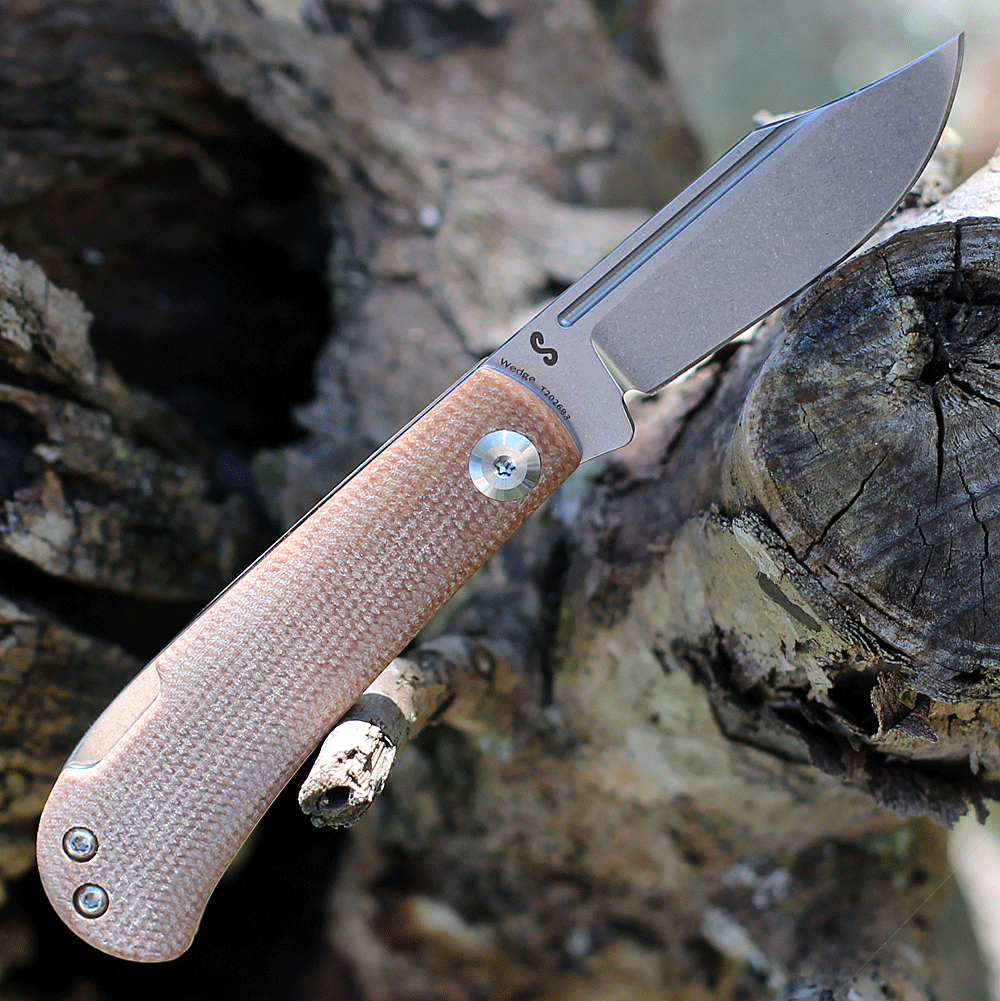 Kansept Knives Wedge (KT2026B3) 2.25" 154CM Stonewashed Clip Point Plain Blade, Brown Micarta Handle