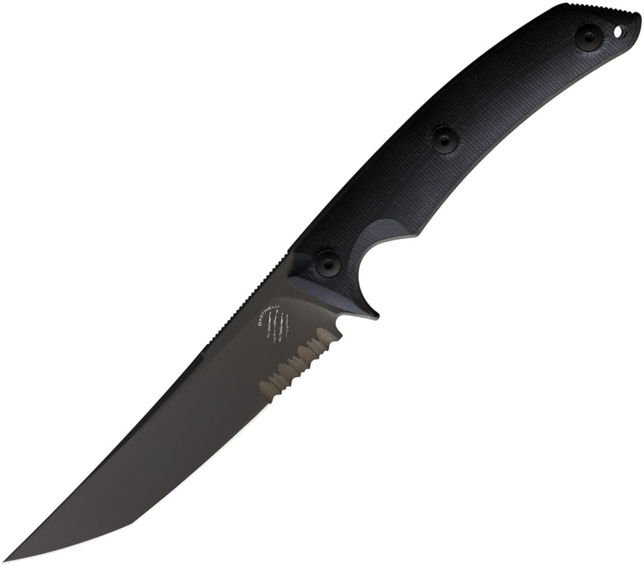 Bastinelli Creations P.Y. Fixed Blade BAS207S, 5" N690 Black PVD Partially Serrated Blade, Black G-10 Handle, Black Kydex Sheath