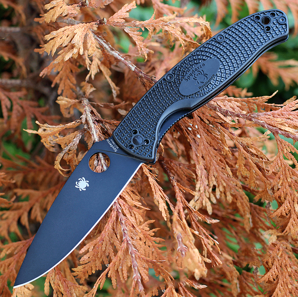 Spyderco Resilience Lightweight Blackout C142PBBK with Black FRN handle and black blade.