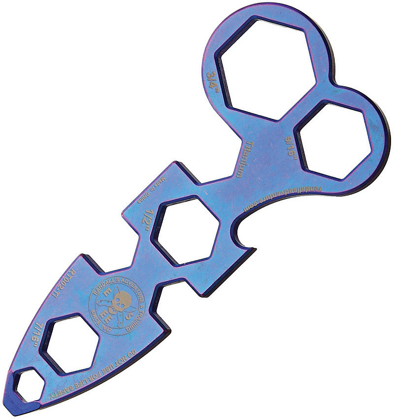 The ESEE WRAT Wrench (RT002TI) shown in blue anodized titanium, a compact pocket tool with eight hex and QuickLink wrench sizes, a screwdriver tip, and a bottle opener.