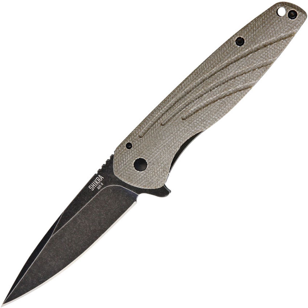 Ontario Knife Co. Shikra 8599, 3.2"Aus-8 Black PVD Stonewashed Plain Blade, Tan Linen Micarta & Titanium Handles