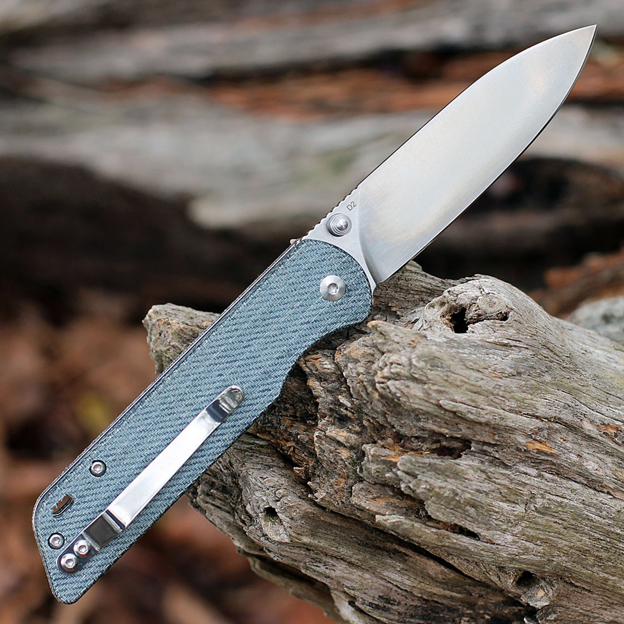 QSP Parrot (QS102F) 3.25" D2 Satin Spear Point Plain Blade, Denim Micarta Handle