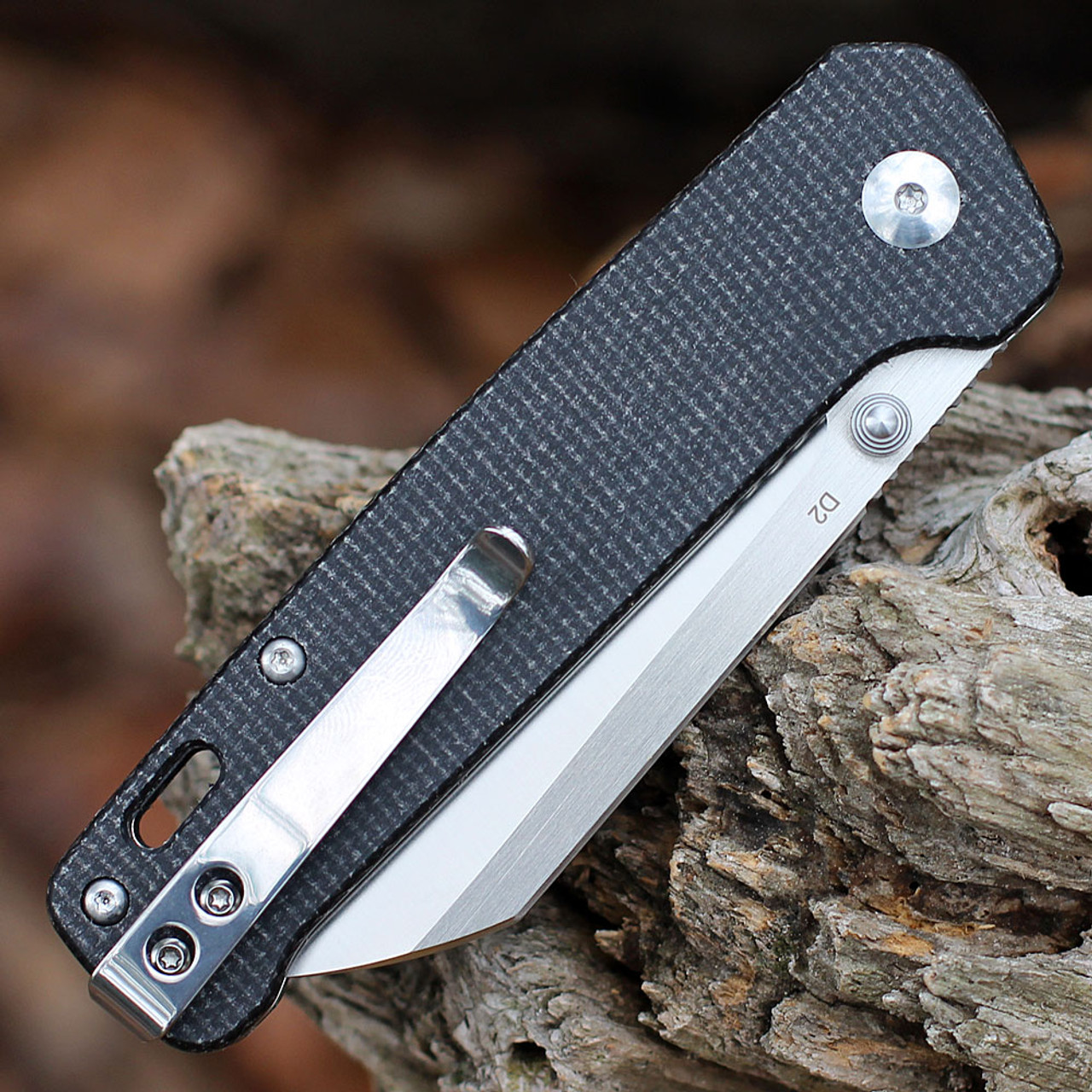 QSP Penguin (QS130I) 3" D2 Two Tone Satin Sheepsfoot Plain Blade, Black Micarta Handle