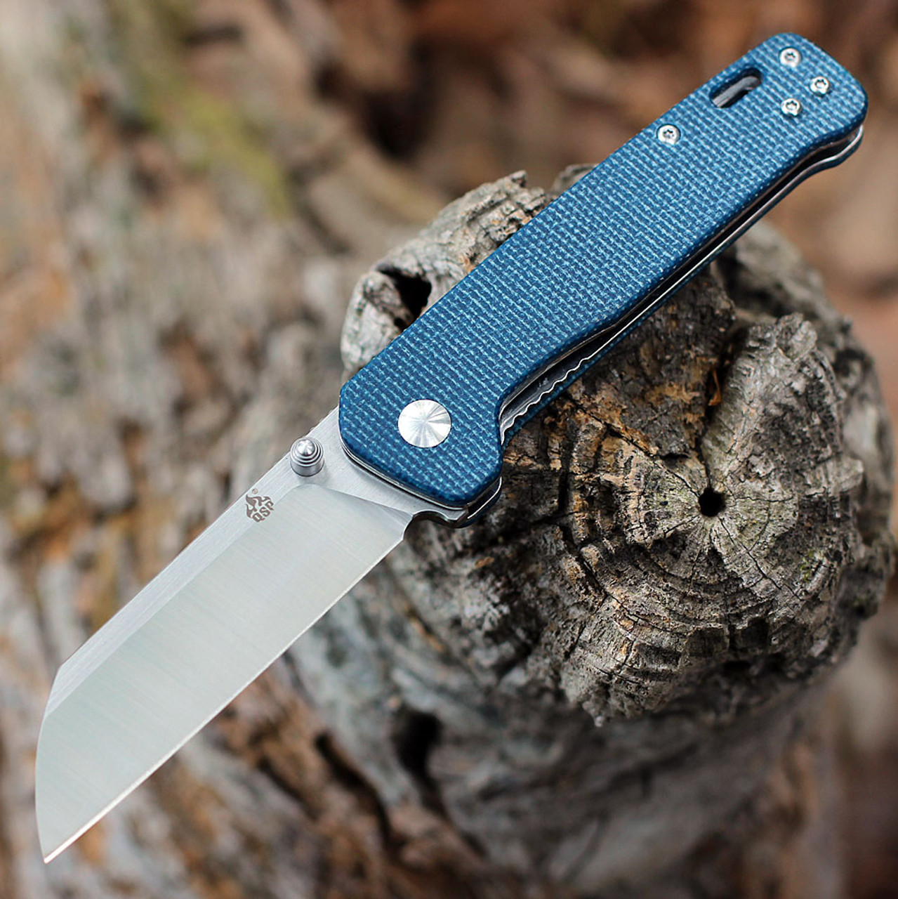 QSP Penguin (QS130H) 3" D2 Two Tone Satin Sheepsfoot Plain Blade, Blue Micarta Handle