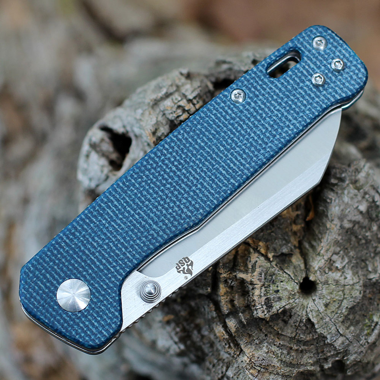 QSP Penguin (QS130H) 3" D2 Two Tone Satin Sheepsfoot Plain Blade, Blue Micarta Handle