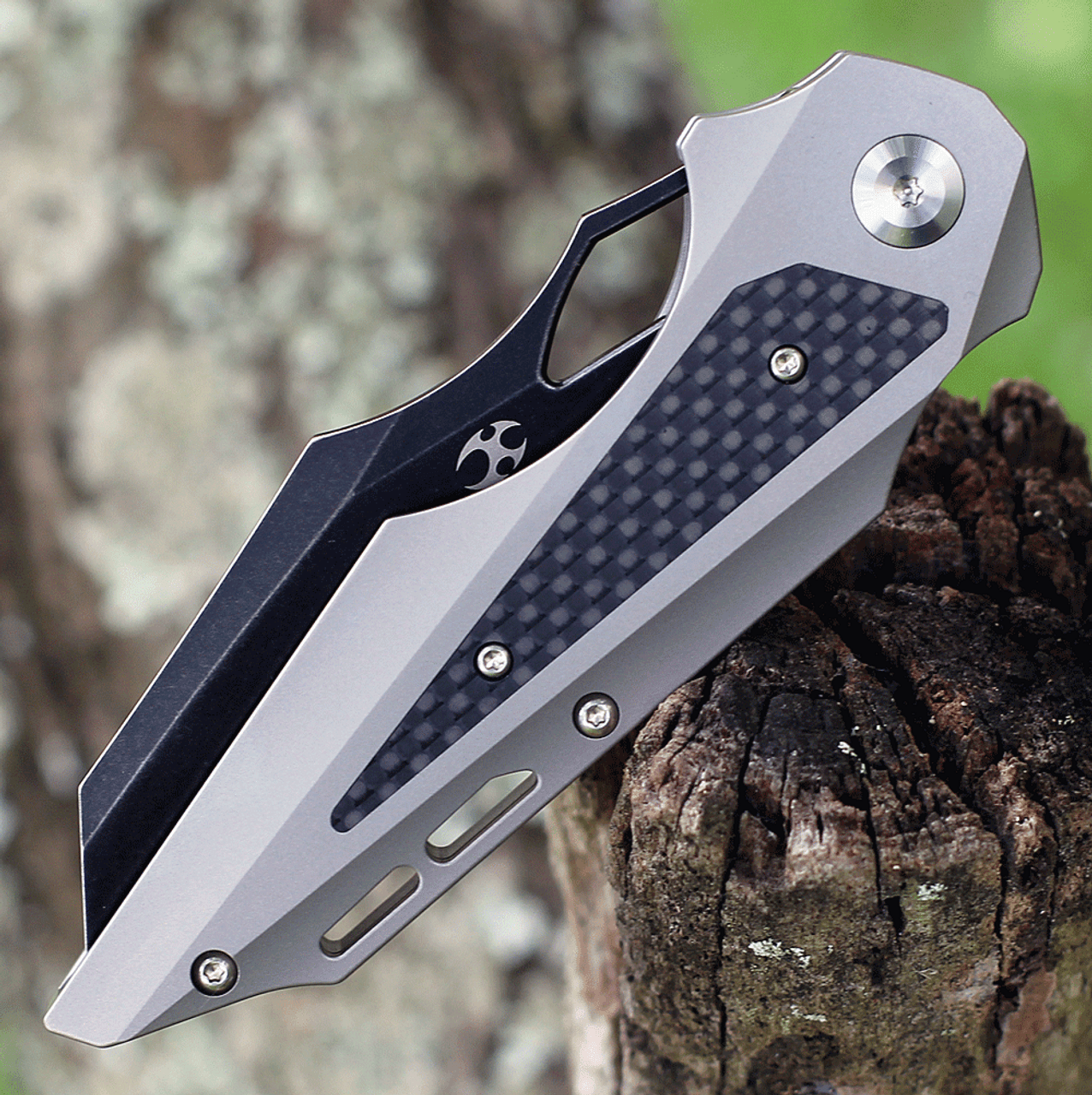Kansept Knives Genesis (K1010A2) 3.62" CPM-S35VN Black Stonewashed Wharncliffe Plain Blade, Gray & Black Titanium CF Handle