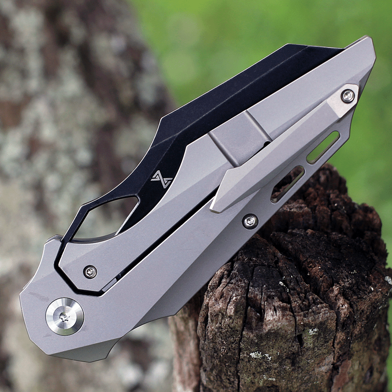Kansept Knives Genesis (K1010A2) 3.62" CPM-S35VN Black Stonewashed Wharncliffe Plain Blade, Gray & Black Titanium CF Handle