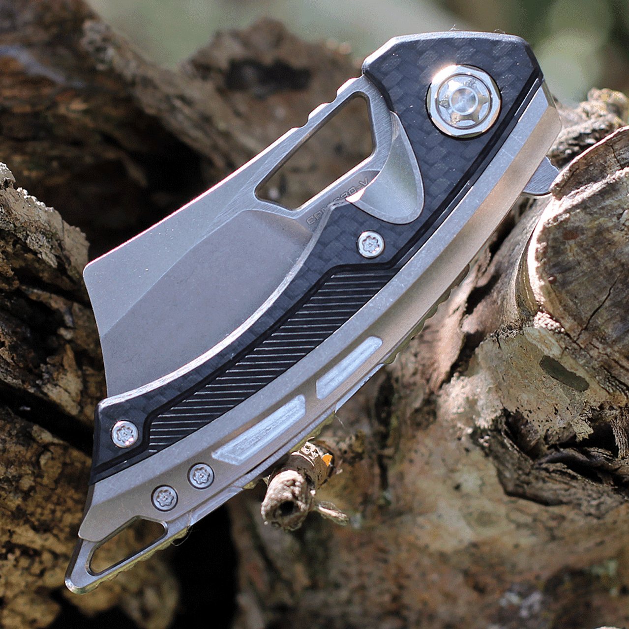 EOS Mini Nautilus EOS084, 3.25" CPM S30V Stonewashed Cleaver, Titanium Handle w/ Carbon Fiber Inlay