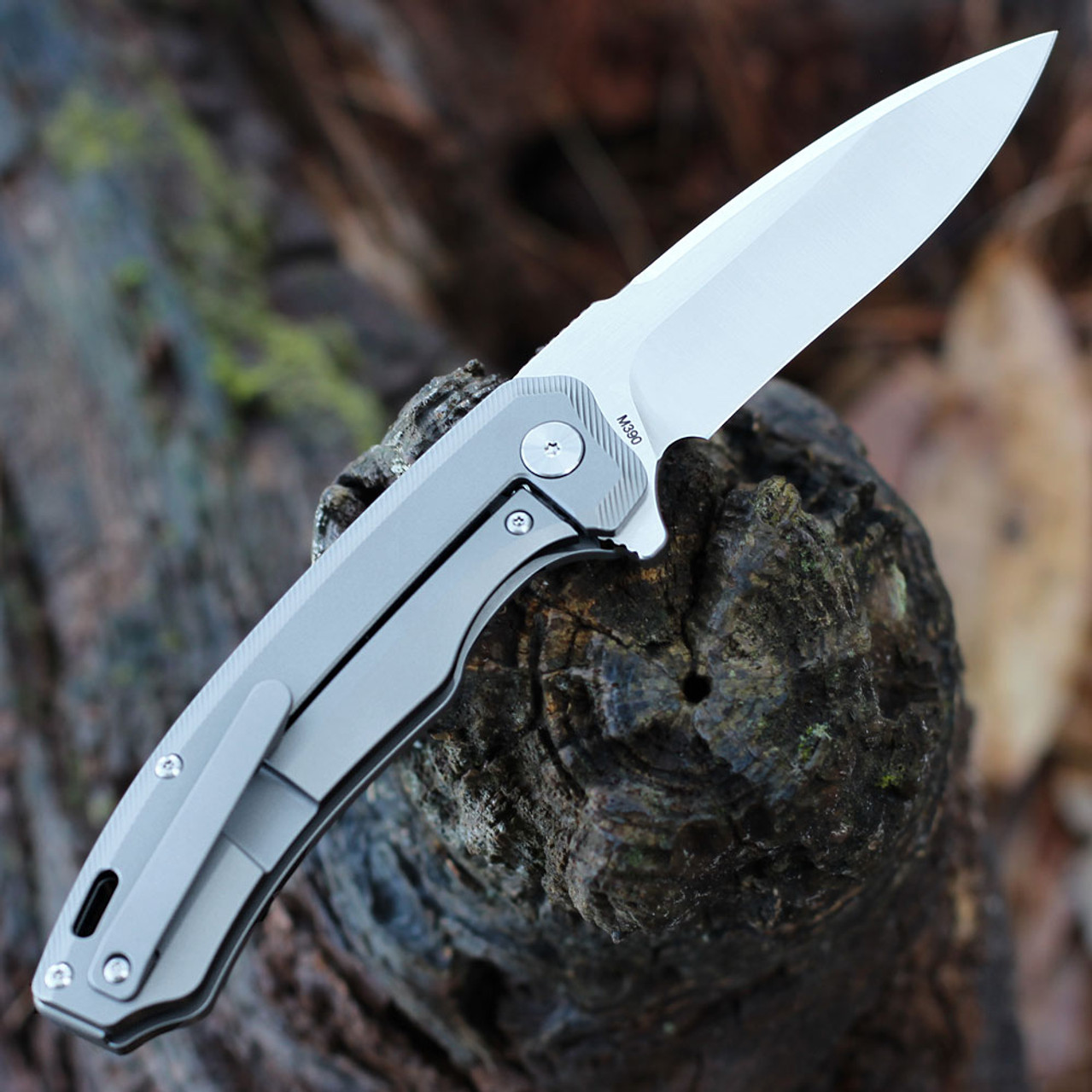 QSP Knife Woodpecker (QS116A) 3.75" Bohler M390 Two-Tone Satin Drop Point Plain Blade, Gray Titanium Handle