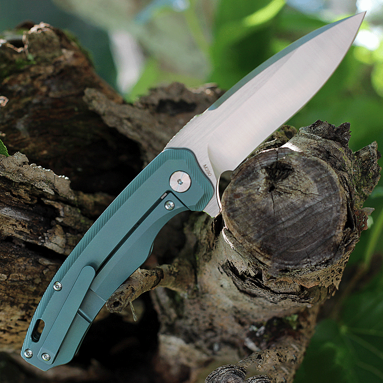 QSP Woodpecker (QS116B) 3.75" M390 Satin Drop Point Plain Blade, Green Titanium Handle