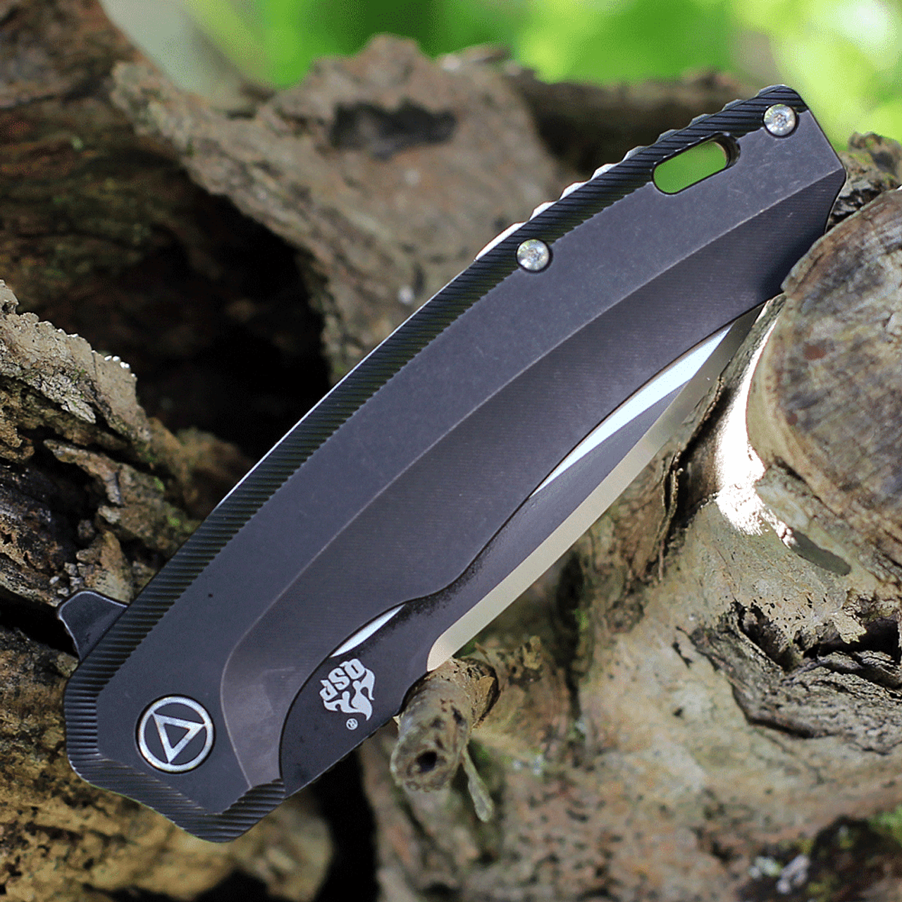 QSP Knife Woodpecker (QS116D) 3.75" M390 Black & Satin Drop Point Plain Blade, Black Titanium Handle
