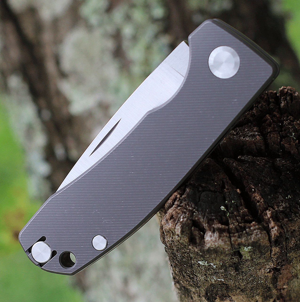 PMP Knives & Maxace Harmony PMP006, 3" Bohler M390 Stonewashed Drop Point Blade, Dark Gray Titanium Handles