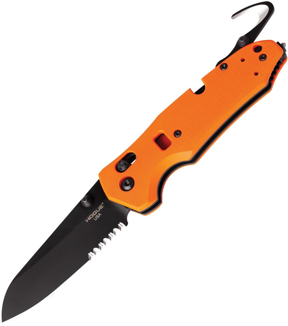 Hogue Trauma First Response Tool (HO34774) 3.5" Bohler N690 Black Cerakote Coated Sheepsfoot Partially Serrated Blade, Orange G-10 Handles