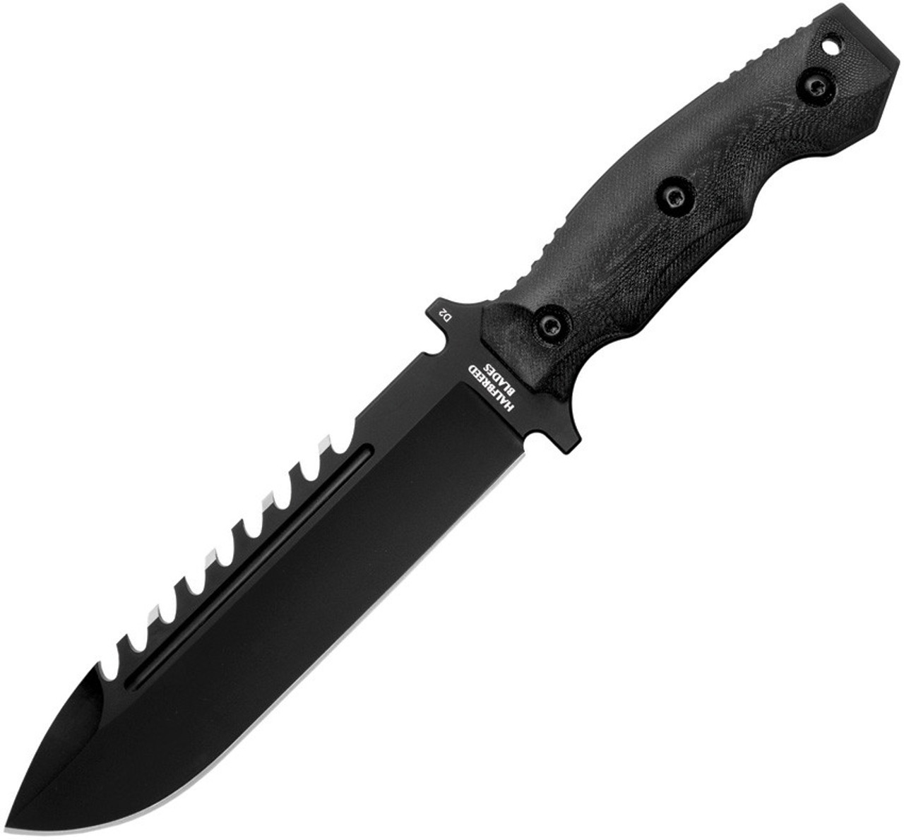 Halfbreed Blades Large Survival Knife (LSK-01) 6.89" K110 (D2) Teflon Coated Black Spear Point Sawback Blade, Black G-10 Handle, Black Kydex Sheath