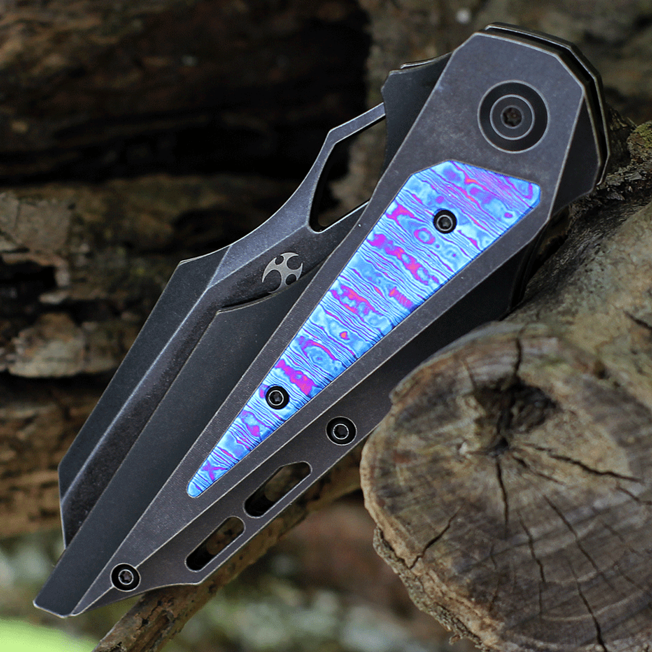 Kansept Knives Genesis (K1010A6) 3.54" CPM-S35VN Black Stonewashed Tanto Plain Blade, Timascus Titanium Handle