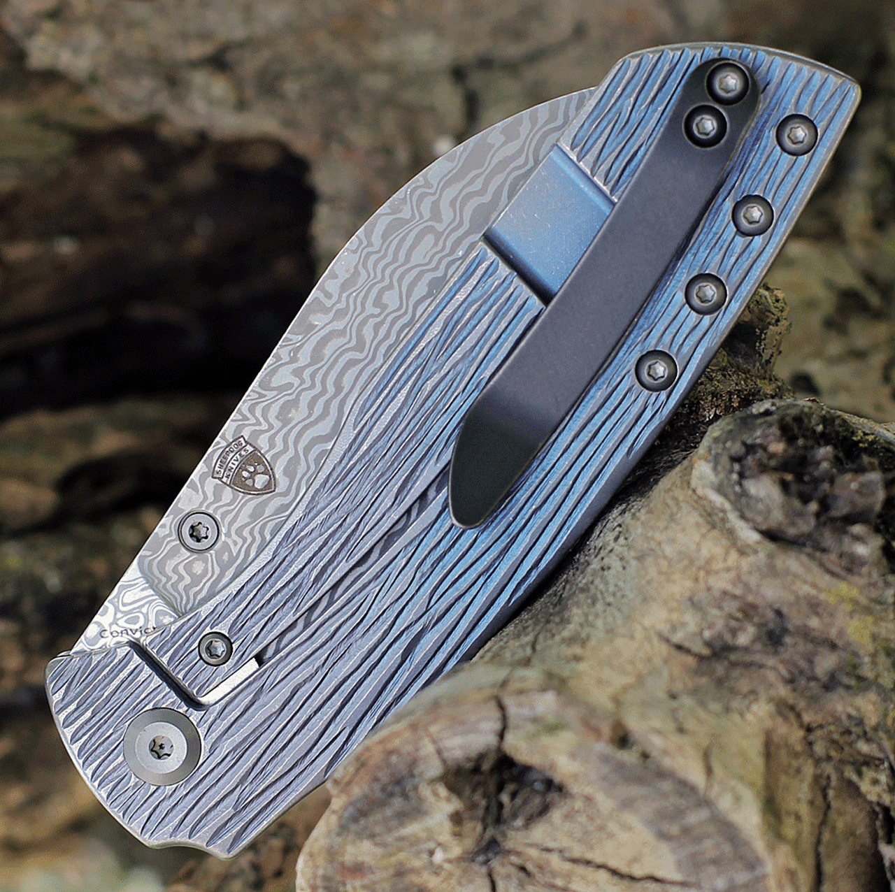 Kansept Knives Convict (K1023W1) 3.3" Damascus Sheepfoot Plain Blade, Blue Titanium Wood Grain Handle