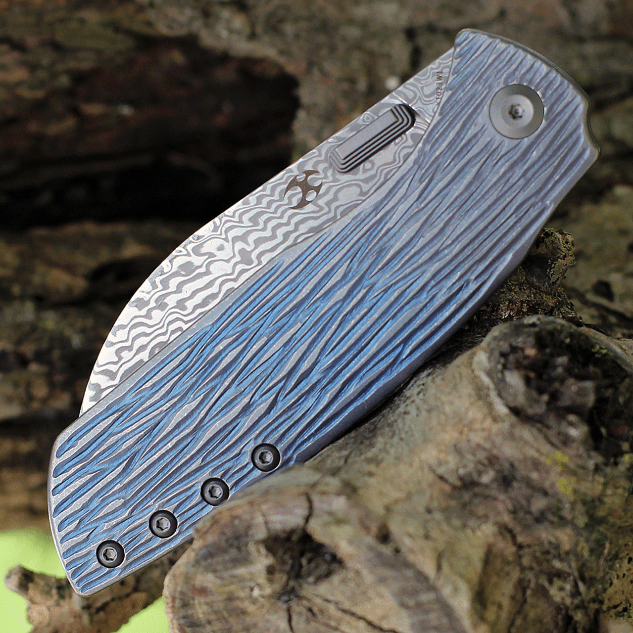 Kansept Knives Convict (K1023W1) 3.3" Damascus Sheepfoot Plain Blade, Blue Titanium Wood Grain Handle