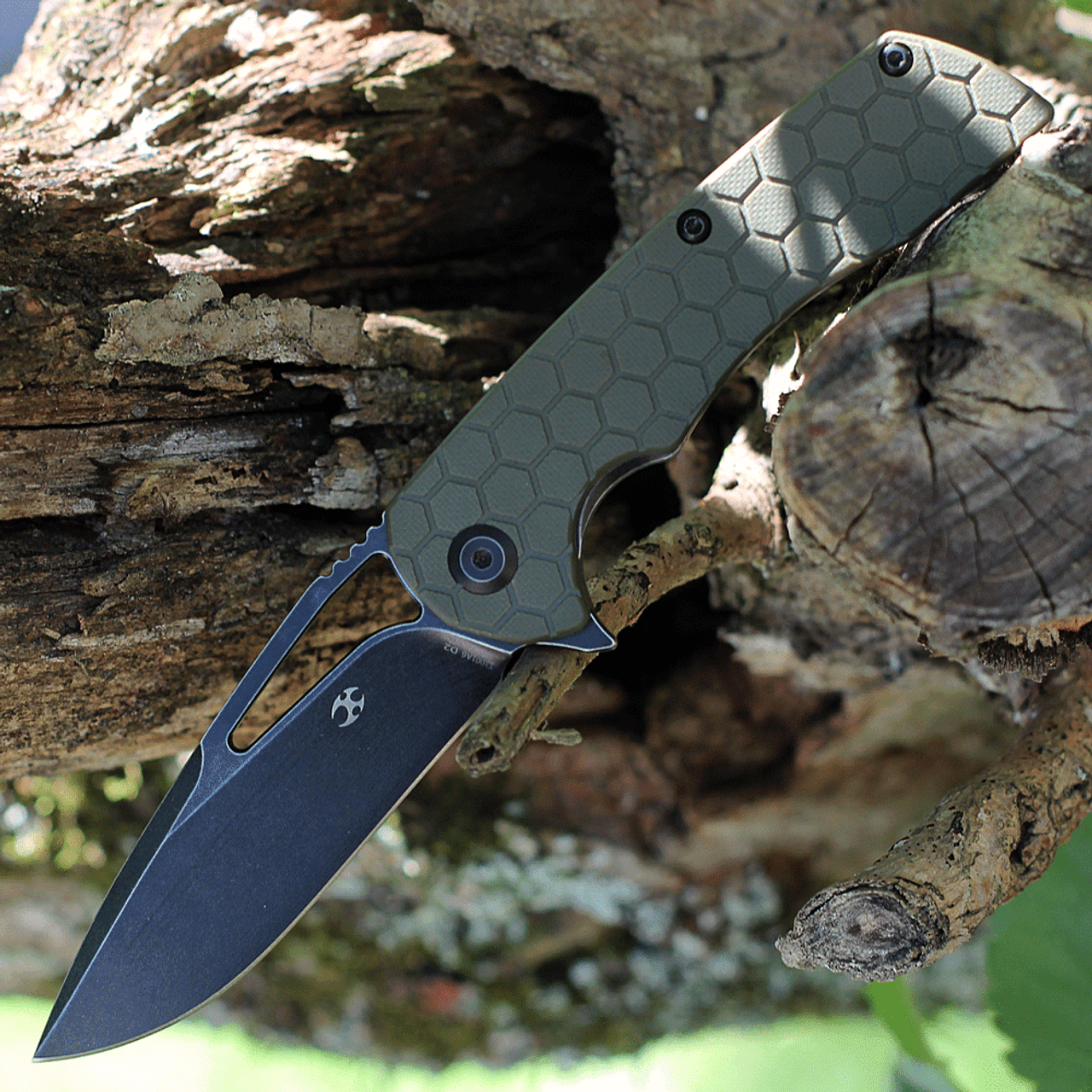 Kansept Knives Kryo KT1001A6, 3.6" D2 Black Plain Blade, Green G-10 Handles w/ Circle Design