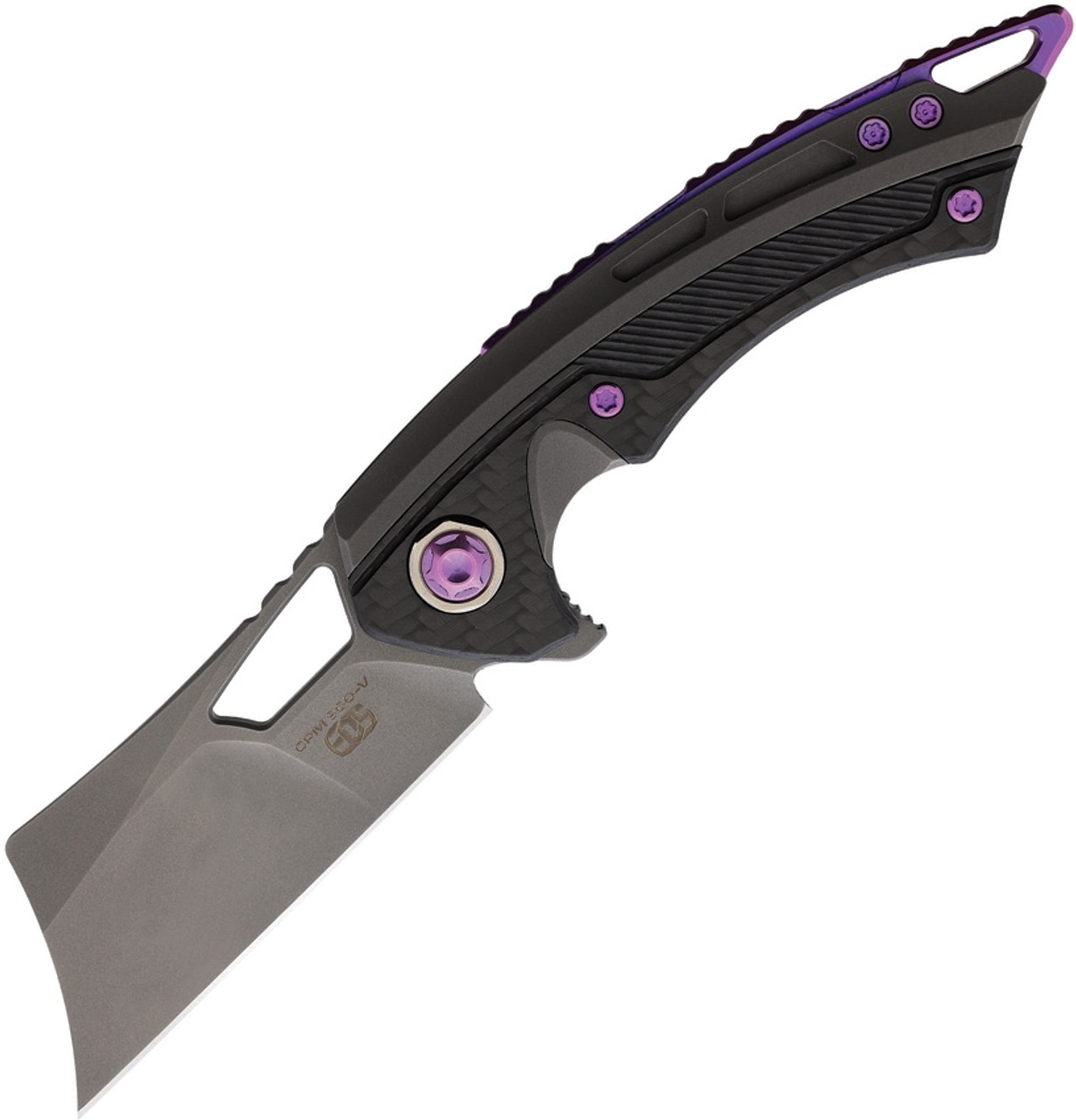 EOS Mini Cleaver Sasha EOS092, 3.25" CPM S60V Dark Stonewashed Cleaver, Titanium Handle w/ Purple Inlay