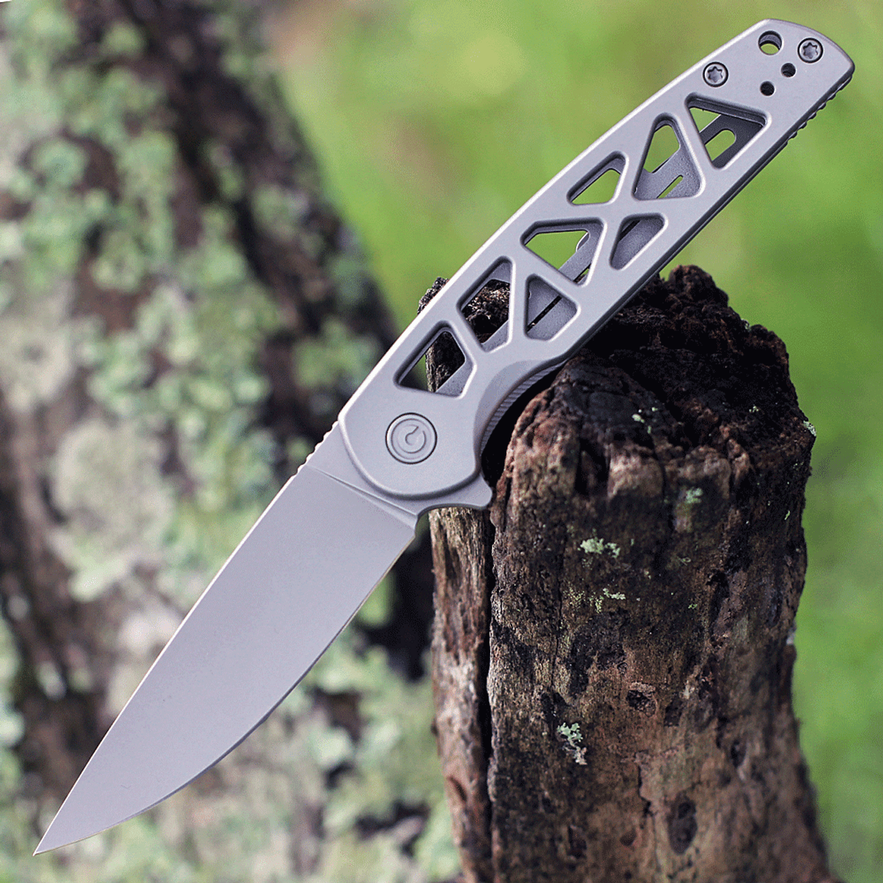 CIVIVI Perf Folding Knife (C20006-A)- 3.12" Stonewashed Nitro-V Drop Point Blade, Gray Stainless Steel Skeletonized Handles