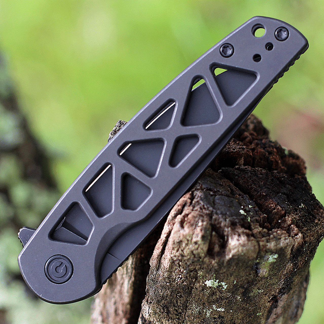 CIVIVI Perf Folding Knife (C20006-B)- 3.12" Blackwashed Nitro-V Drop Point Blade, Black Stainless Steel Skeletonized Handles