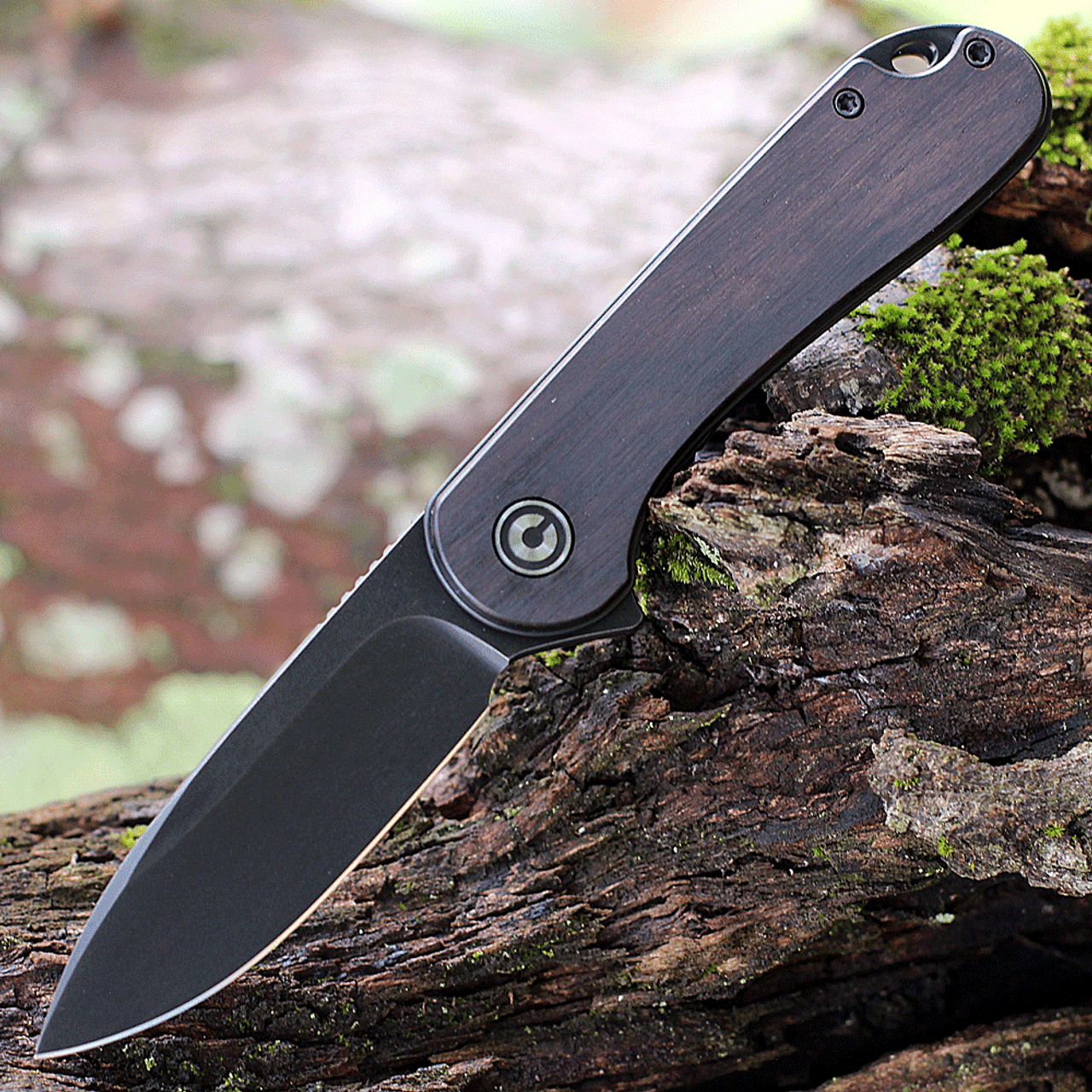 CIVIVI Elementum Folding Knife (C907W)- 2.96" Blackwashed D2 Drop Point Blade, Black Ebony Wood Handles