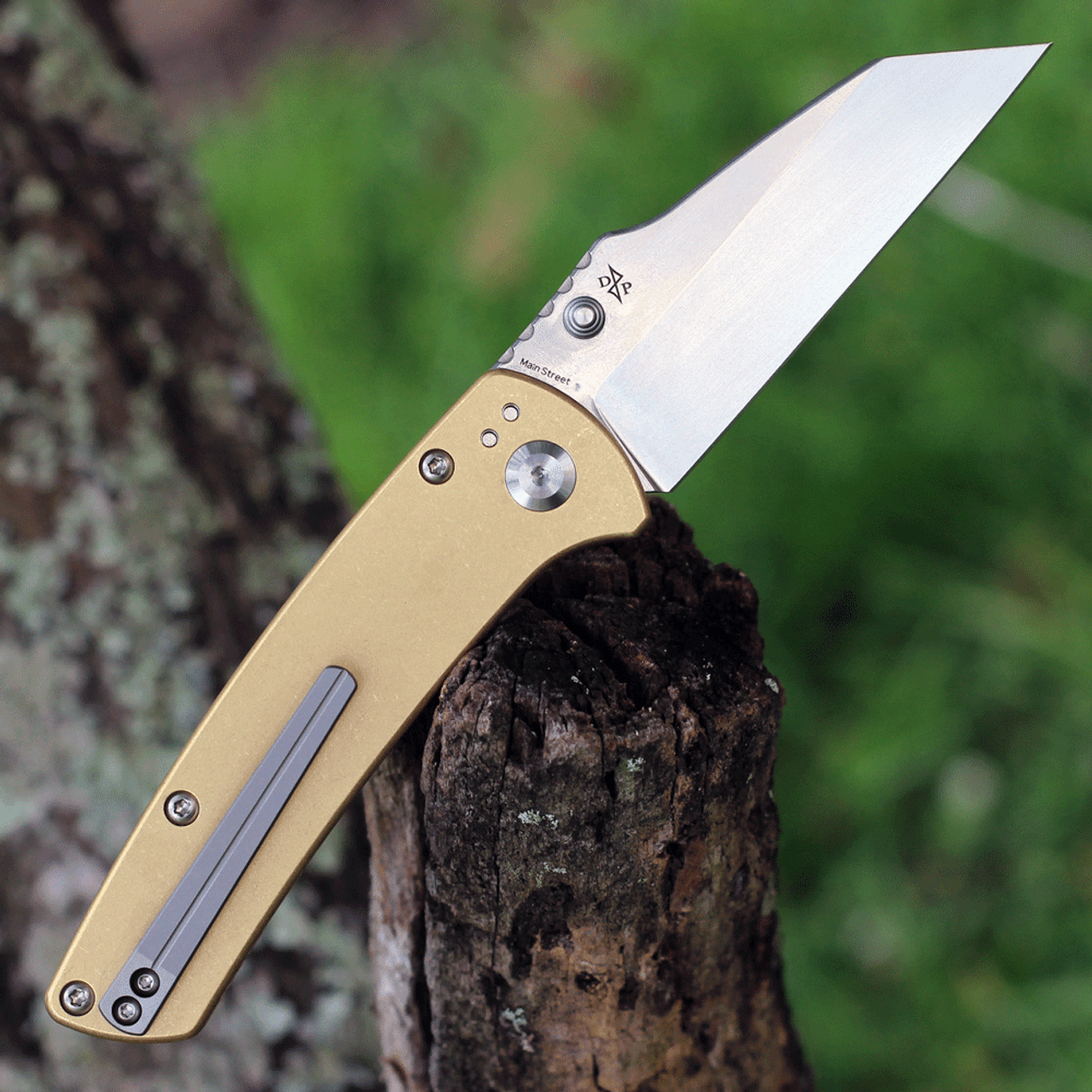 Kansept Knives Main Street (KT1015B6) 3.36" 154CM Stonewashed Wharncliffe Plain Blade, Brass Handle