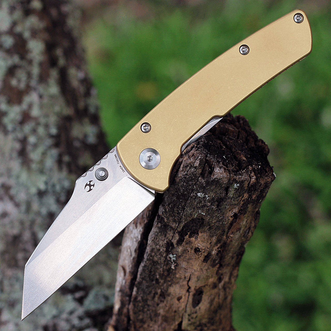 Kansept Knives Main Street (KT1015B6) 3.36" 154CM Stonewashed Wharncliffe Plain Blade, Brass Handle