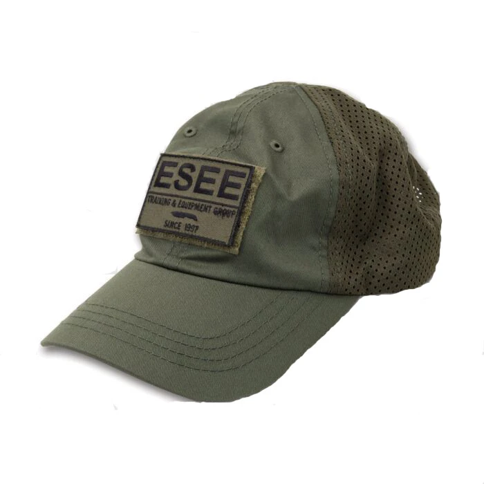 The ESEE Adventure Cap shown in OD Green (jungle olive drab) with its front velcro panel and included ESEE logo patch, adjustable velcro back strap, and breathable 100% polyester mesh panel.